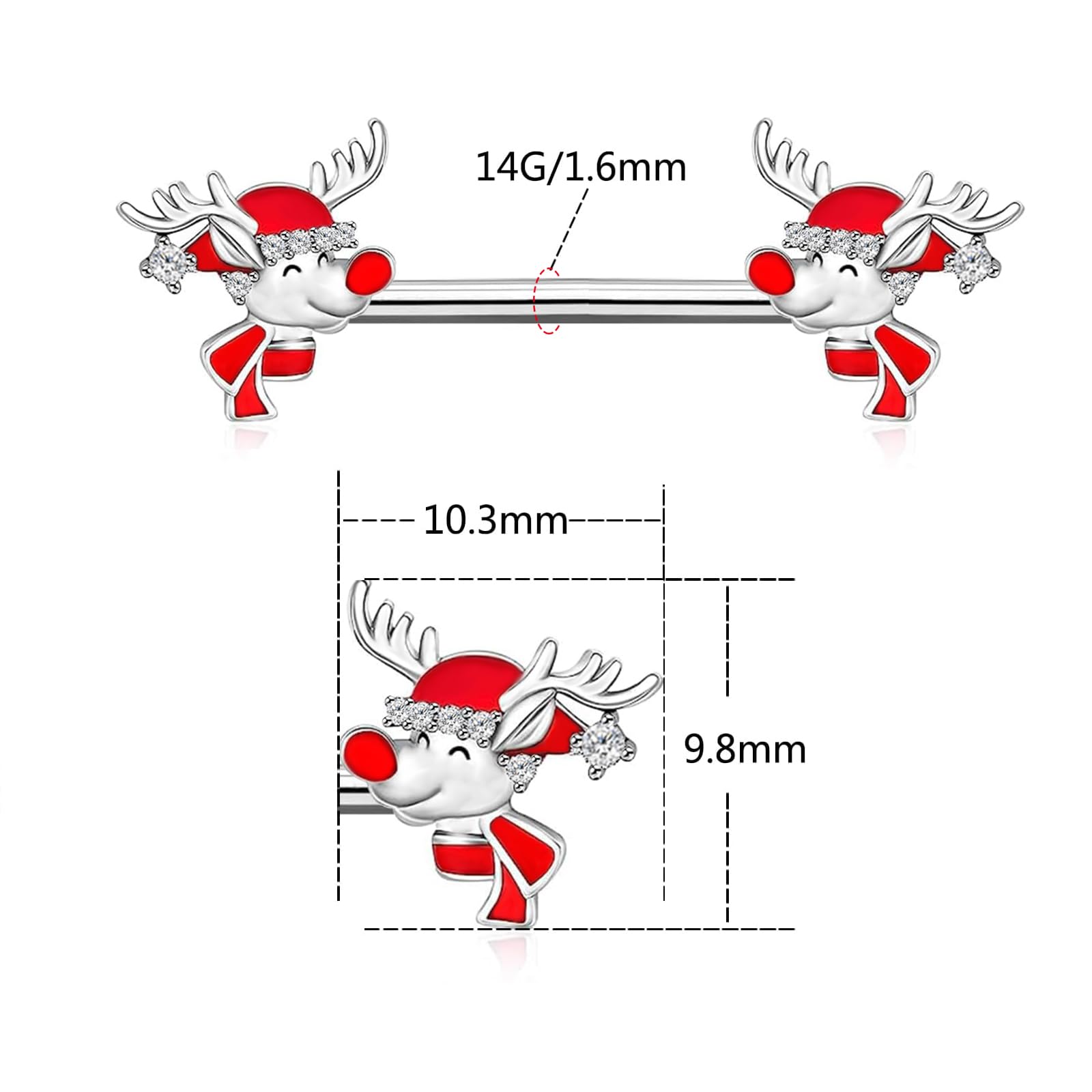 14G Christmas Nipple Barbell Santa Claus Ring 316L Surgical Stainless Steel Women's Nipple Rings for Christmas Tree Body Piercing Jewelry - QIAO Crystal我的商店QIAO Crystal