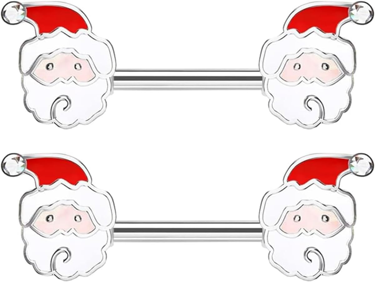 14G Christmas Nipple Barbell Santa Claus Ring 316L Surgical Stainless Steel Women's Nipple Rings for Christmas Tree Body Piercing Jewelry - 我的商店我的商店我的商店