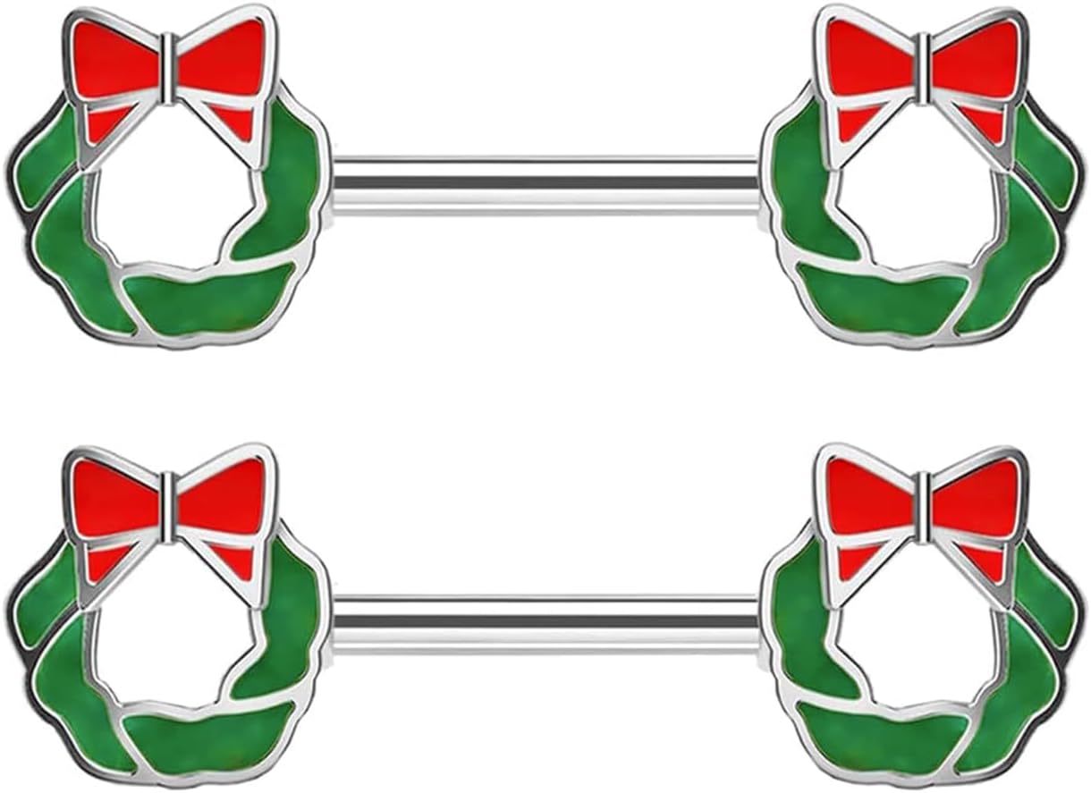 14G Christmas Nipple Barbell Santa Claus Ring 316L Surgical Stainless Steel Women's Nipple Rings for Christmas Tree Body Piercing Jewelry - 我的商店我的商店我的商店