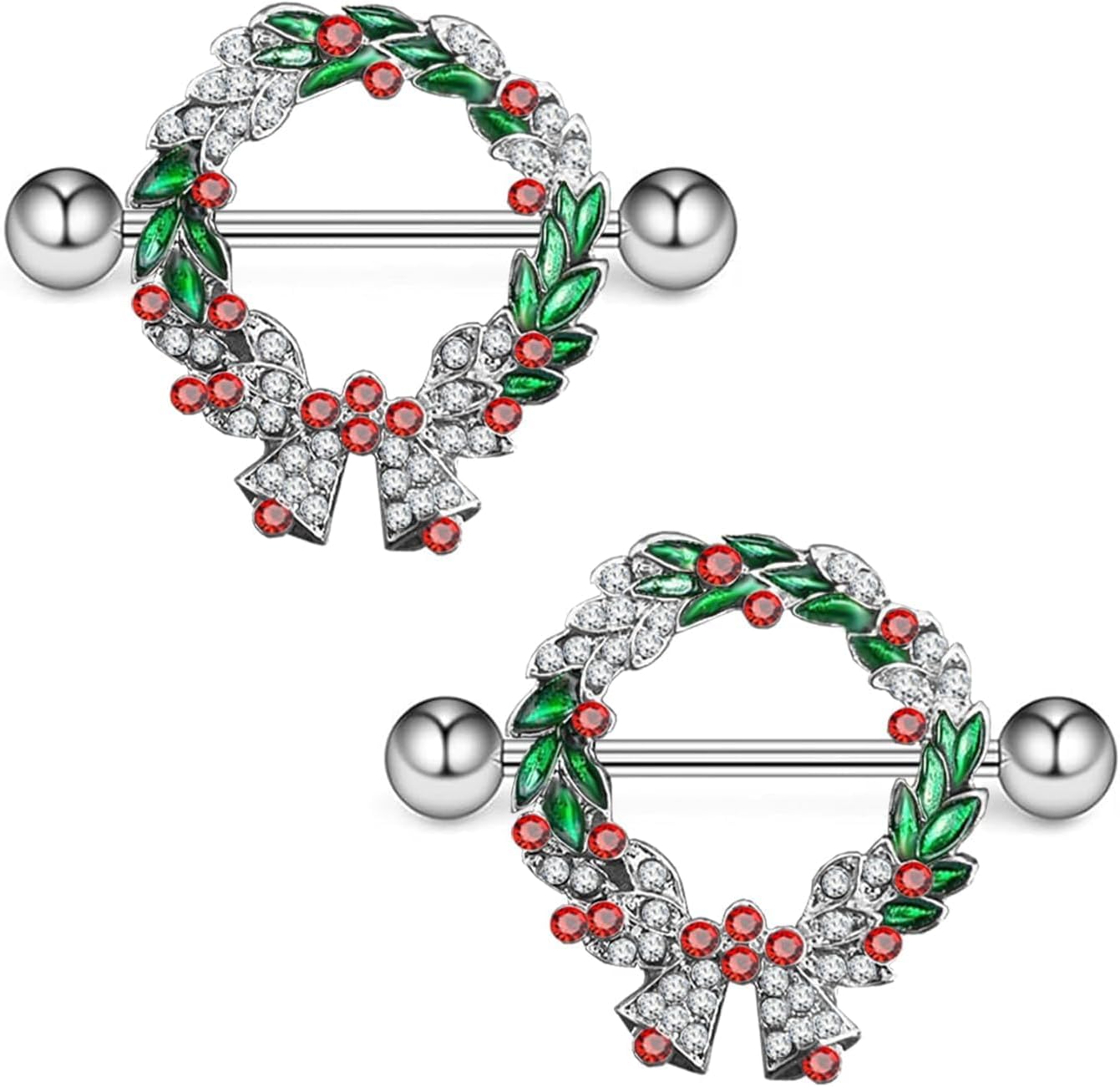 14G Christmas Nipple Barbells Garland Ring - 316L Surgical Stainless Steel Women's Body Piercing Jewelry With Small Bell - 我的商店我的商店我的商店