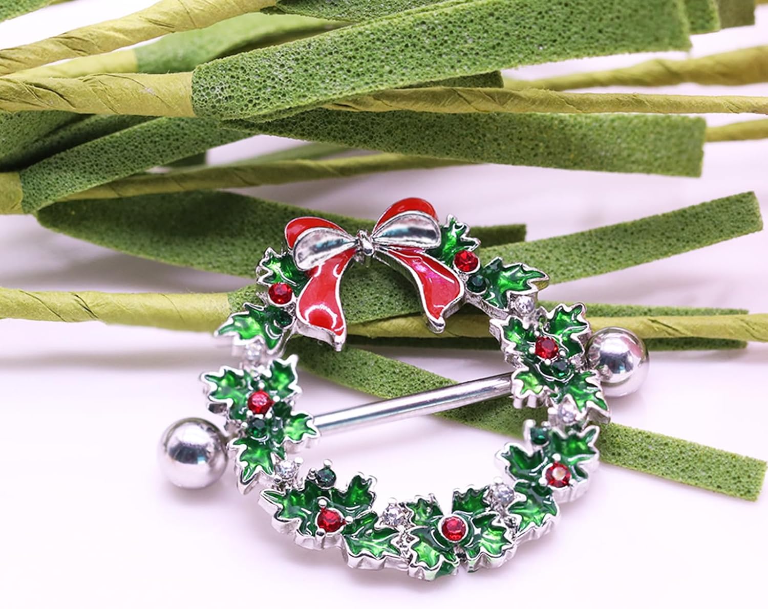14G Christmas Nipple Barbells Garland Ring - 316L Surgical Stainless Steel Women's Body Piercing Jewelry With Small Bell - 我的商店我的商店我的商店