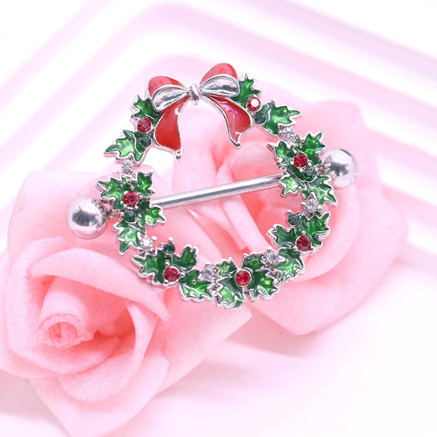 14G Christmas Nipple Barbells Garland Ring - 316L Surgical Stainless Steel Women's Body Piercing Jewelry With Small Bell - 我的商店我的商店我的商店