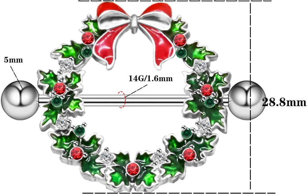 14G Christmas Nipple Barbells Garland Ring - 316L Surgical Stainless Steel Women's Body Piercing Jewelry With Small Bell - 我的商店我的商店我的商店