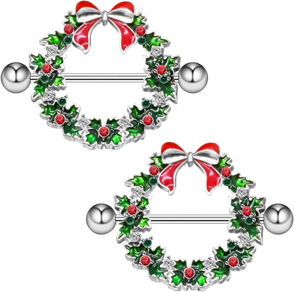 14G Christmas Nipple Barbells Garland Ring - 316L Surgical Stainless Steel Women's Body Piercing Jewelry With Small Bell - 我的商店我的商店我的商店