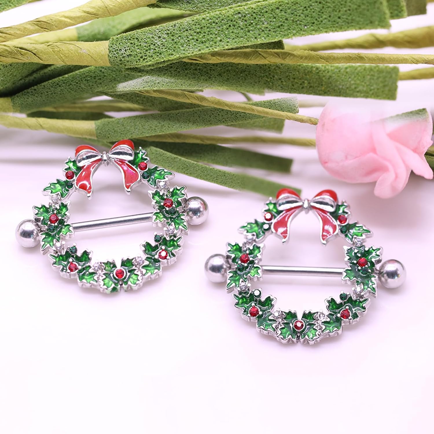 14G Christmas Nipple Barbells Garland Ring - 316L Surgical Stainless Steel Women's Body Piercing Jewelry With Small Bell - 我的商店我的商店我的商店
