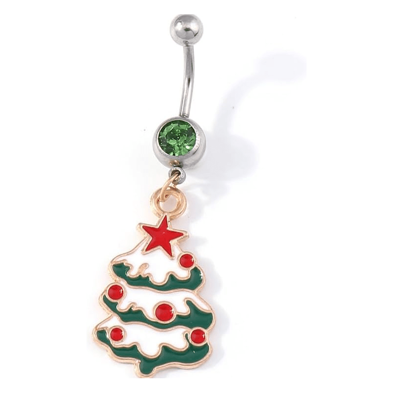 14g Christmas Tree Surgical Steel Green Belly Button Ring Cute Dangle Screw Studs Barbell Piercings - QIAO Crystal我的商店QIAO Crystal
