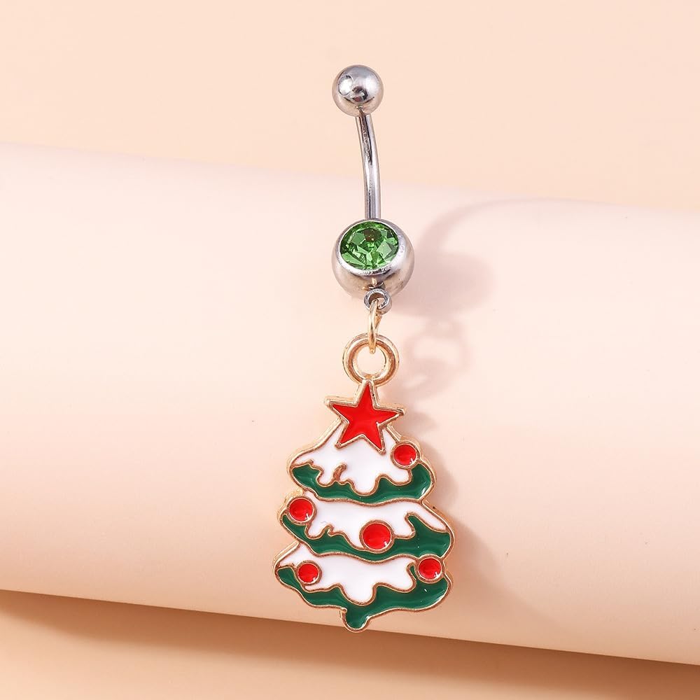 14g Christmas Tree Surgical Steel Green Belly Button Ring Navel Rings for Women Cute Dangle Screw Studs Barbell Piercings Sexy Jewelry Christmas Party Gift Her Daughter - 我的商店我的商店我的商店