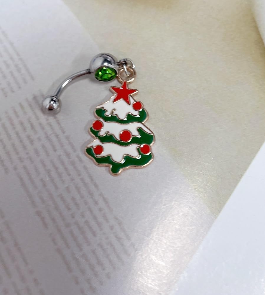 14g Christmas Tree Surgical Steel Green Belly Button Ring Navel Rings for Women Cute Dangle Screw Studs Barbell Piercings Sexy Jewelry Christmas Party Gift Her Daughter - 我的商店我的商店我的商店