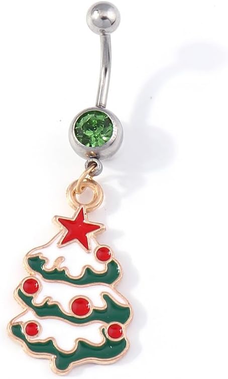 14g Christmas Tree Surgical Steel Green Belly Button Ring Navel Rings for Women Cute Dangle Screw Studs Barbell Piercings Sexy Jewelry Christmas Party Gift Her Daughter - 我的商店我的商店我的商店