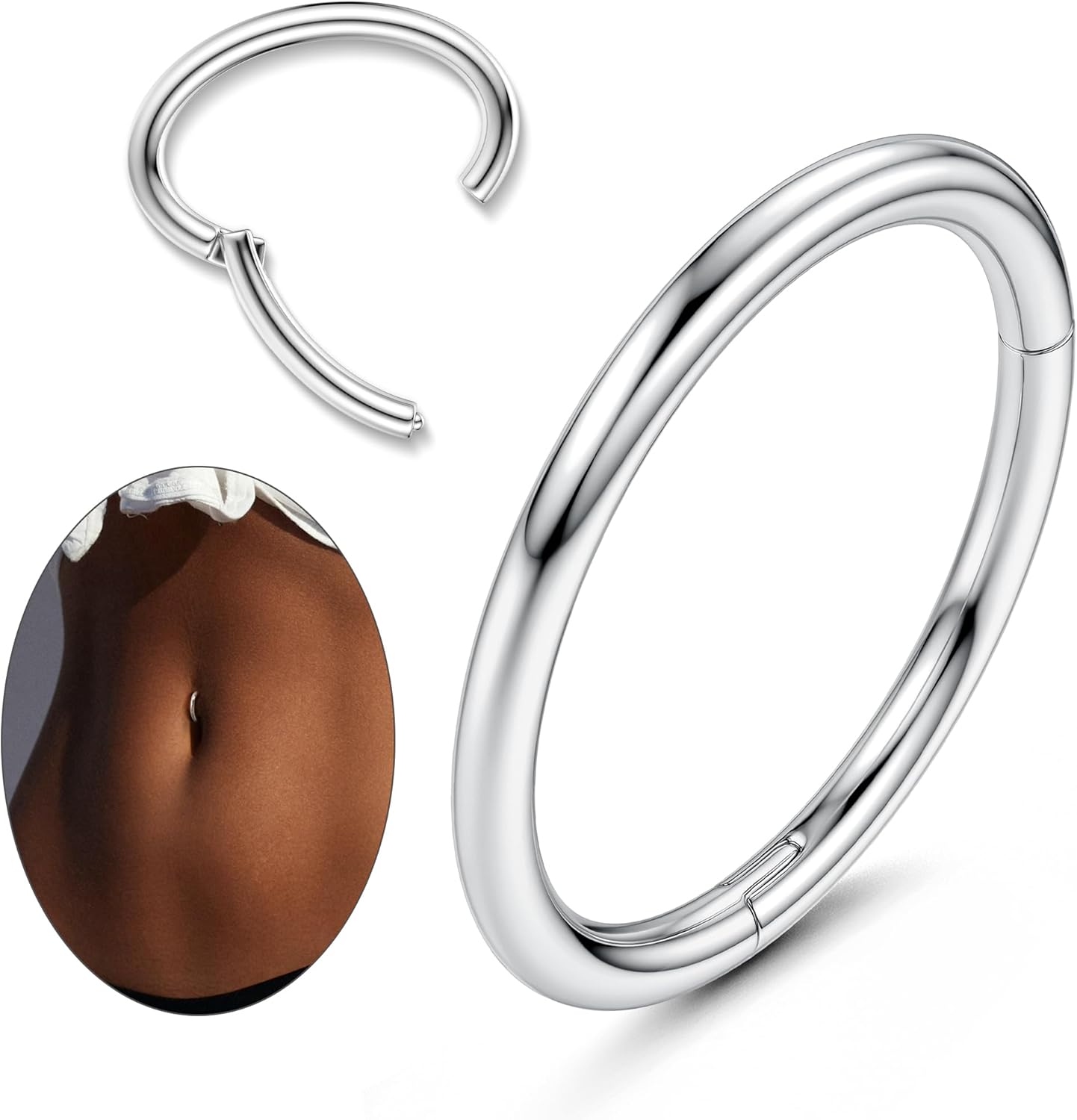 14G Clicker Belly Button Ring for Women White Gold Plated Hoop Belly Button Rings Shiny CZ Belly Button Clicker Oval Belly Ring Reverse Navel Body Belly Piercing Jewelry - 我的商店我的商店我的商店