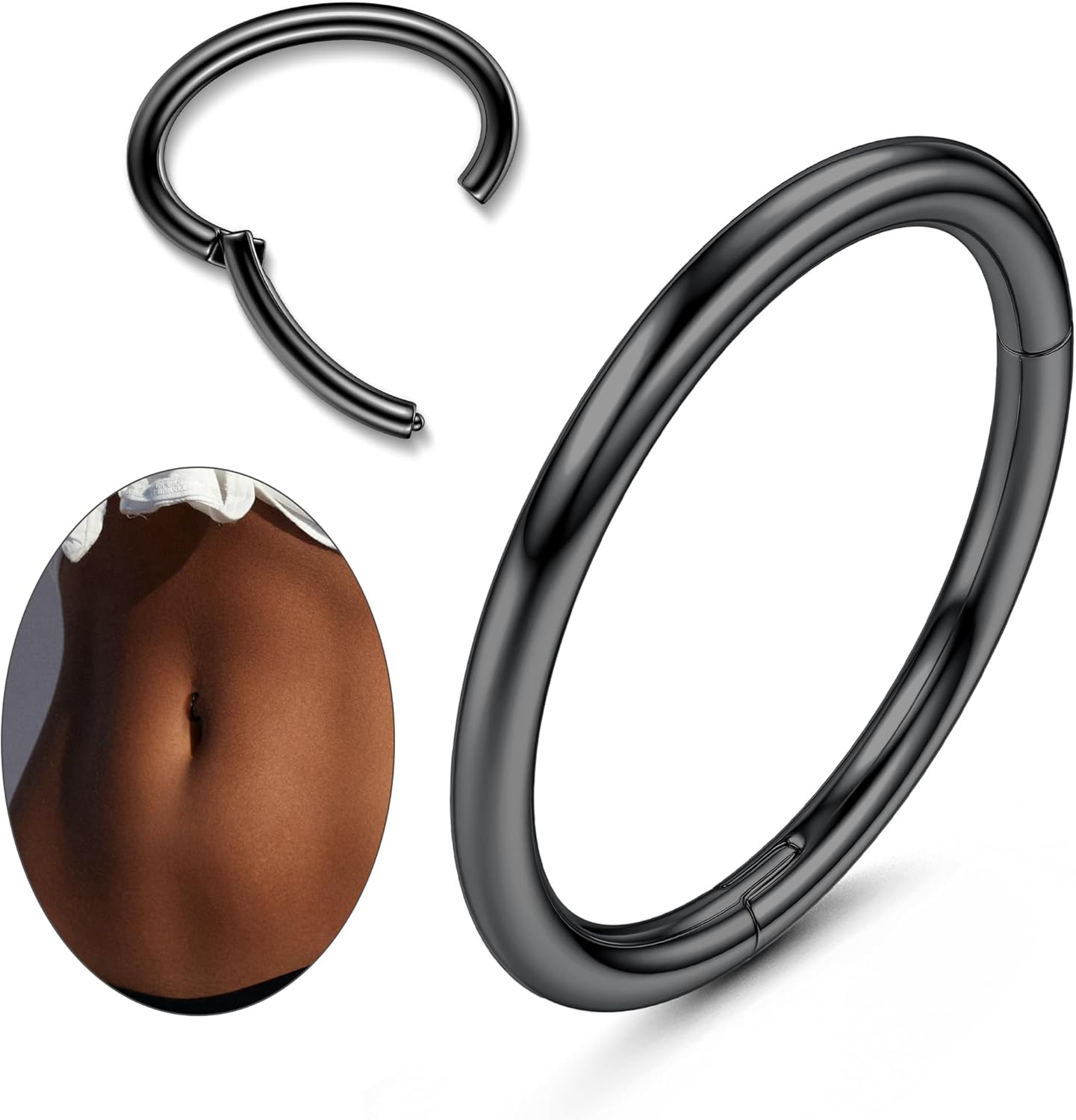 14G Clicker Belly Button Ring for Women White Gold Plated Hoop Belly Button Rings Shiny CZ Belly Button Clicker Oval Belly Ring Reverse Navel Body Belly Piercing Jewelry - 我的商店我的商店我的商店