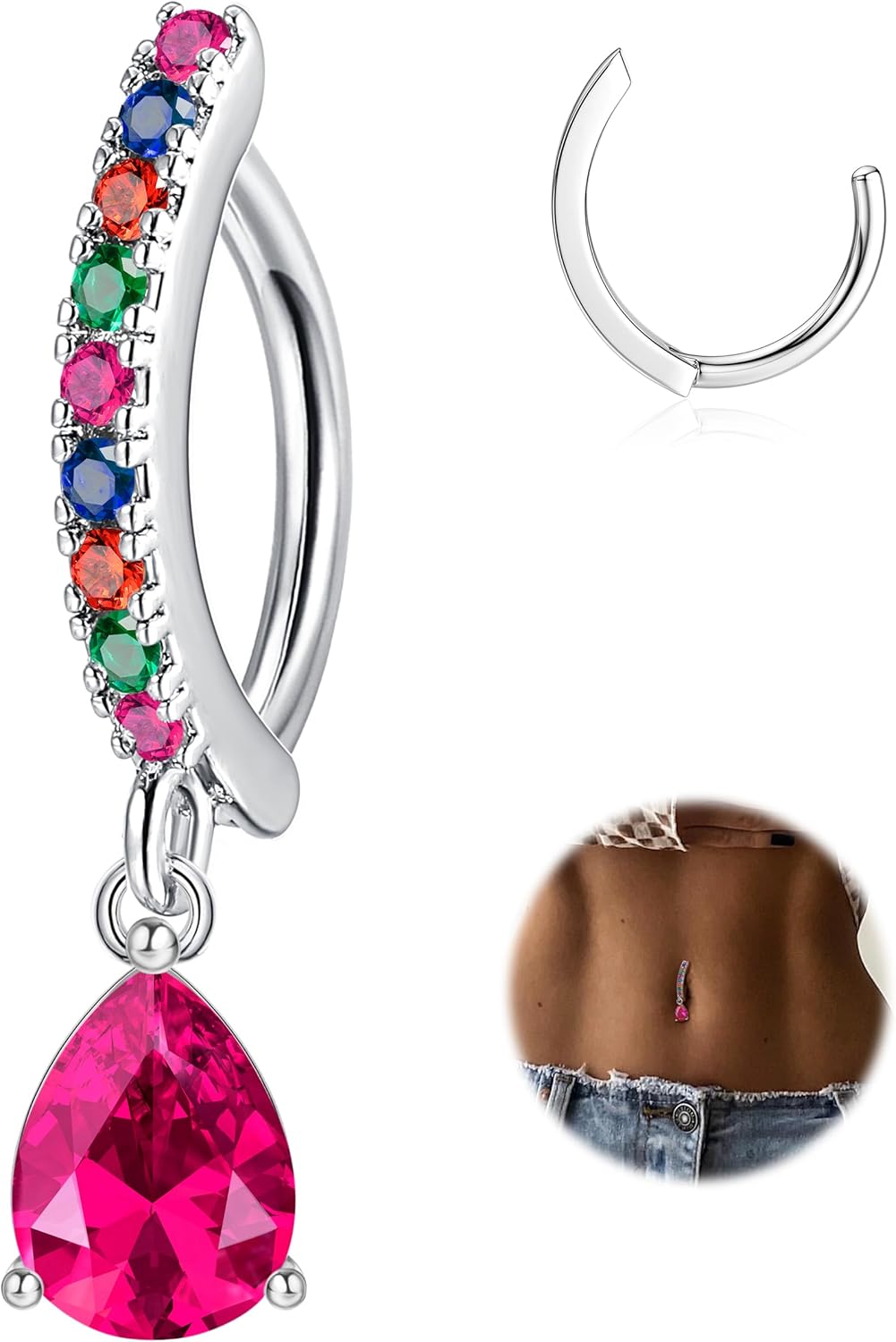 14G Clicker Belly Rings 316L Surgical Steel Dangle Belly Button Ring CZ Teardrop Pendant Navel Rings Barbell Body Piercing Jewelry - 我的商店我的商店我的商店