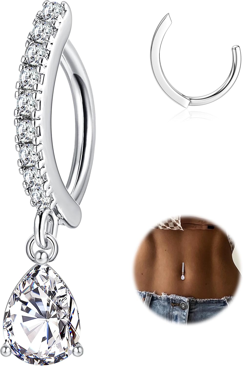 14G Clicker Belly Rings 316L Surgical Steel Dangle Belly Button Ring CZ Teardrop Pendant Navel Rings Barbell Body Piercing Jewelry - 我的商店我的商店我的商店