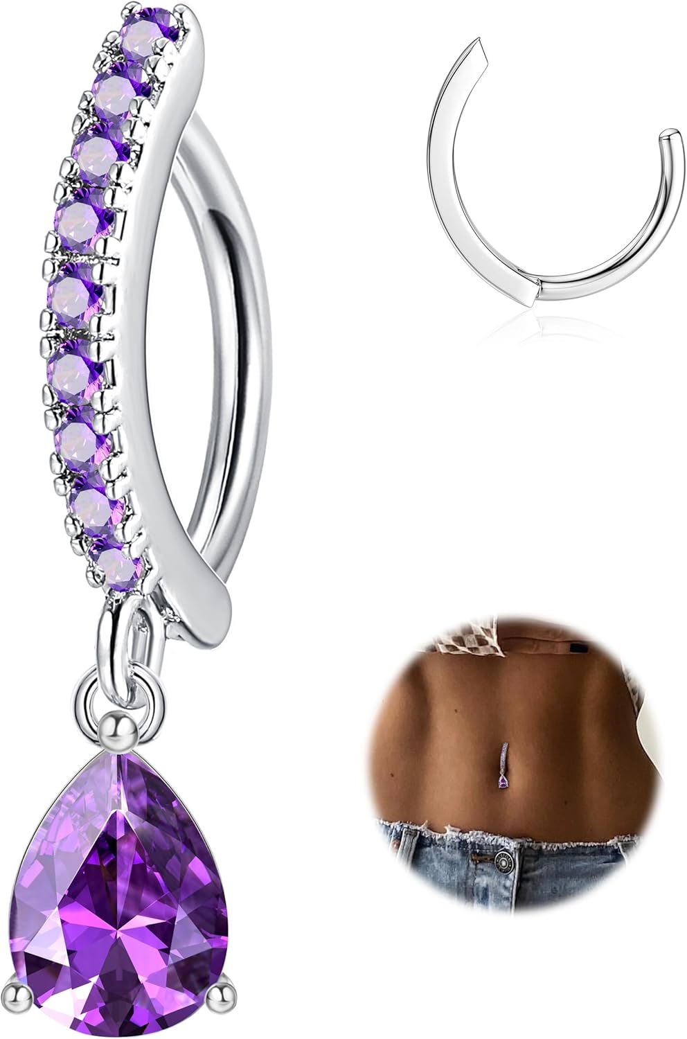 14G Clicker Belly Rings 316L Surgical Steel Dangle Belly Button Ring CZ Teardrop Pendant Navel Rings Barbell Body Piercing Jewelry - 我的商店我的商店我的商店