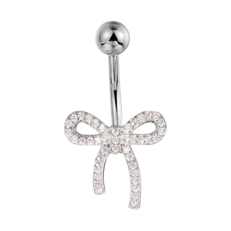 14G Cubic Ribbon Belly Button Ring for Women Stainless Steel CZ Crystal Bowknot Navel Rings Curved Barbell Studs Bar Simple Sexy Body Piercing Jewelry Valentine's Day Birthday Gifts - 我的商店我的商店我的商店
