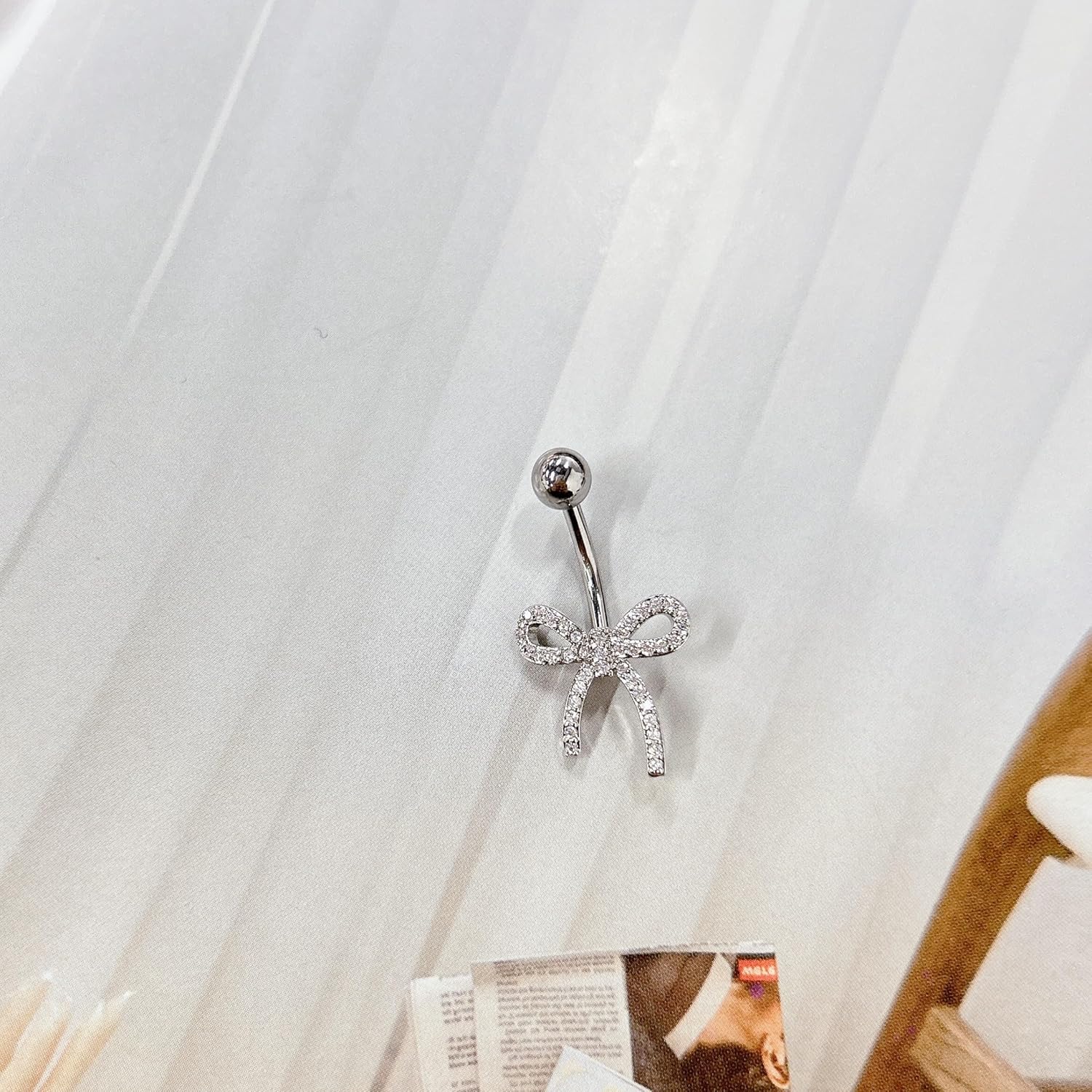 14G Cubic Ribbon Belly Button Ring for Women Stainless Steel CZ Crystal Bowknot Navel Rings Curved Barbell Studs Bar Simple Sexy Body Piercing Jewelry Valentine's Day Birthday Gifts - 我的商店我的商店我的商店