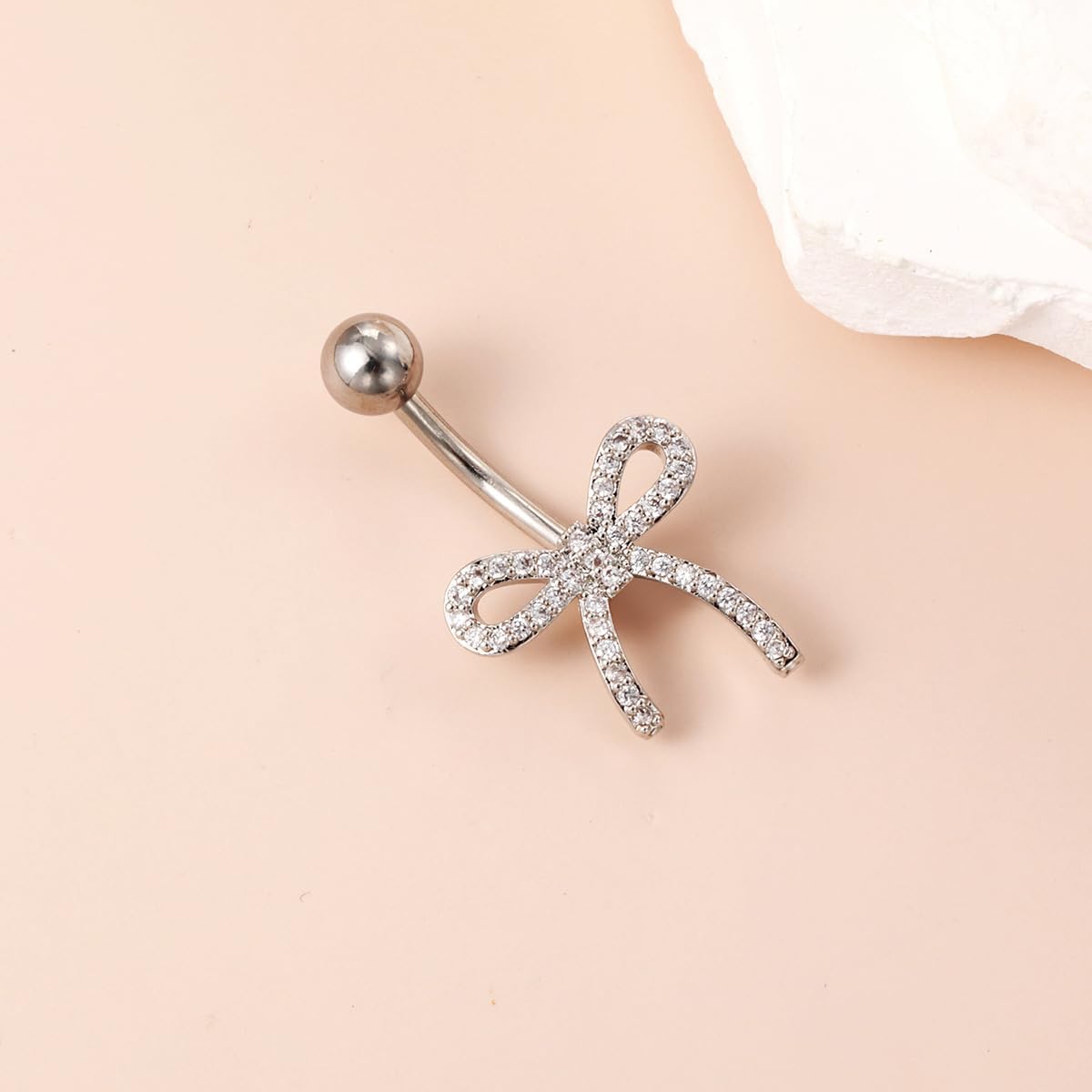 14G Cubic Ribbon Belly Button Ring for Women Stainless Steel CZ Crystal Bowknot Navel Rings Curved Barbell Studs Bar Simple Sexy Body Piercing Jewelry Valentine's Day Birthday Gifts - 我的商店我的商店我的商店