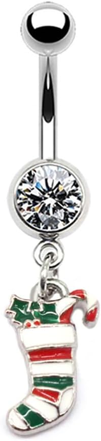 14G Cute Christmas Element Dangle Belly Button Ring 316L Surgical Steel Christmas Tree Hat Jingle Bells Snowflake Socks Belly Navel Rings Xmas Belly Piercing Jewelry for Women - 我的商店我的商店我的商店