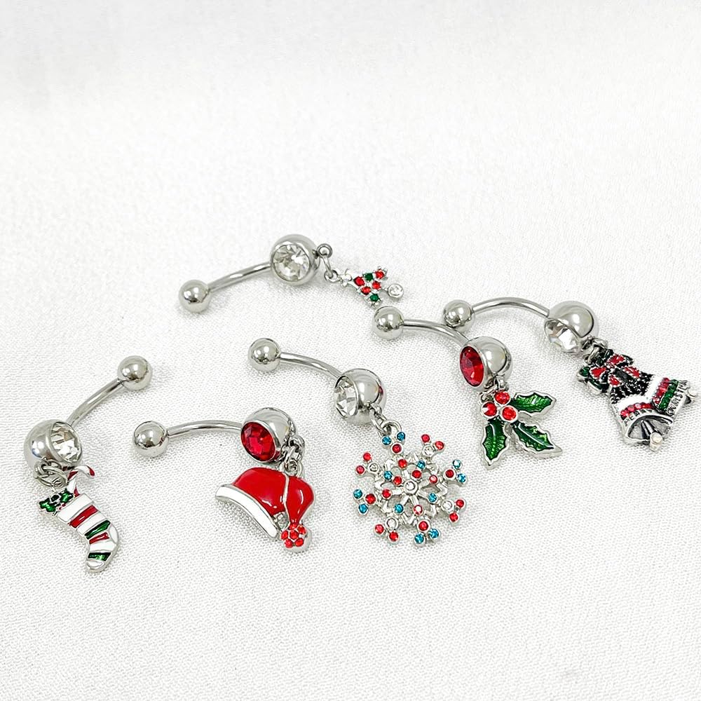 14G Cute Christmas Element Dangle Belly Button Ring 316L Surgical Steel Christmas Tree Hat Jingle Bells Snowflake Socks Belly Navel Rings Xmas Belly Piercing Jewelry for Women - 我的商店我的商店我的商店