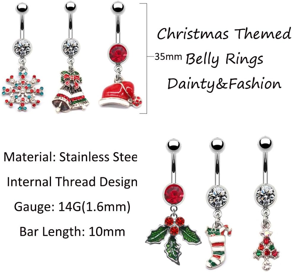 14G Cute Christmas Element Dangle Belly Button Ring 316L Surgical Steel Christmas Tree Hat Jingle Bells Snowflake Socks Belly Navel Rings Xmas Belly Piercing Jewelry for Women - 我的商店我的商店我的商店