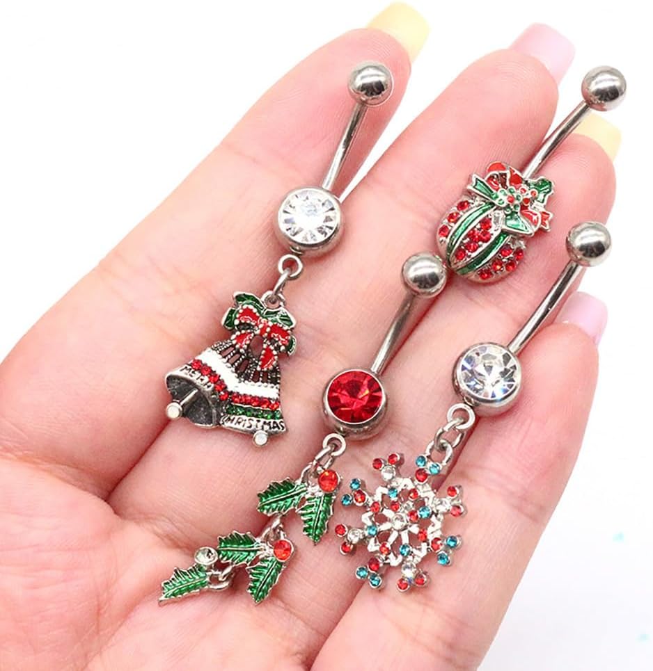 14G Cute Christmas Element Dangle Belly Button Ring 316L Surgical Steel Christmas Tree Hat Jingle Bells Snowflake Socks Belly Navel Rings Xmas Belly Piercing Jewelry for Women - 我的商店我的商店我的商店