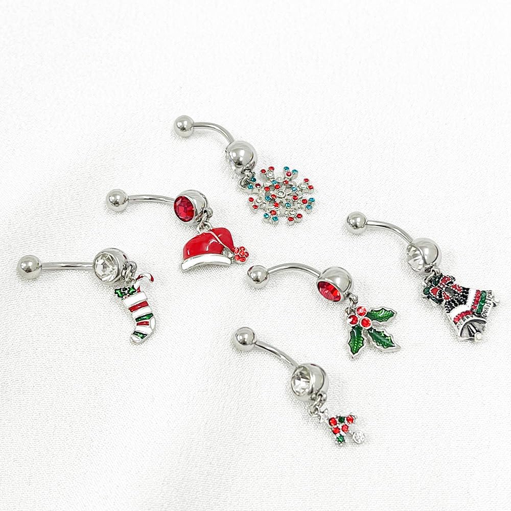 14G Cute Christmas Element Dangle Belly Button Ring 316L Surgical Steel Christmas Tree Hat Jingle Bells Snowflake Socks Belly Navel Rings Xmas Belly Piercing Jewelry for Women - 我的商店我的商店我的商店