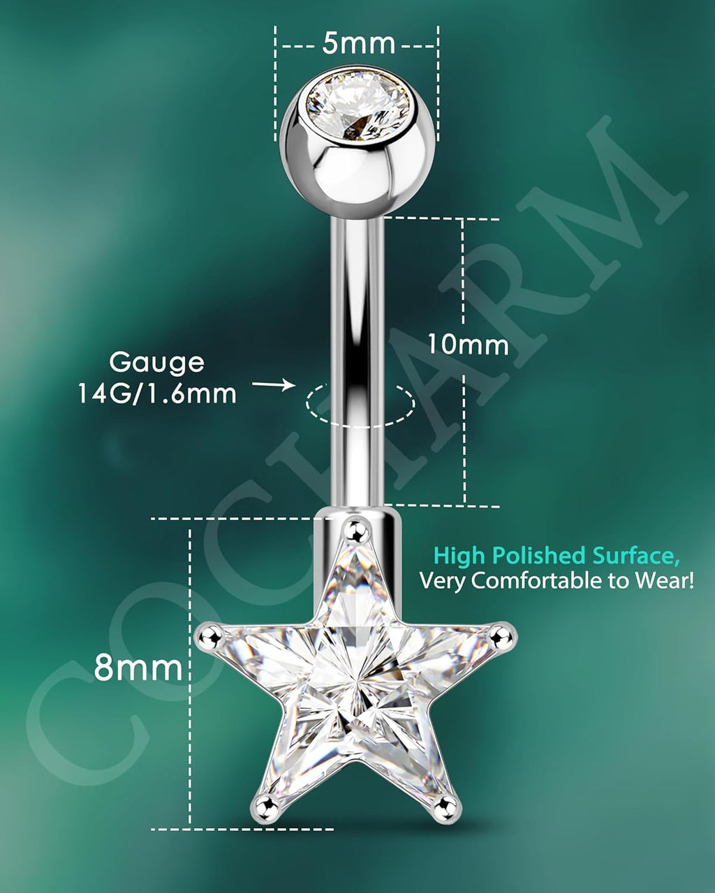 14g Cute Star Belly Button Ring Stainless Steel Clear CZ Belly Button Piercing Hypoallergenic Silver Navel Piercing Jewelry for Women - 我的商店我的商店我的商店
