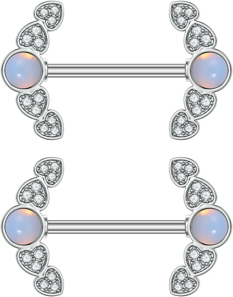 14G CZ Heart Nipple Rings Rhinestone Opal Simple Moon Nipple Shield Barbell Ring Nipple Barbells Tongue Ring Piercing Nipplerings Dainty Body Piercing Jewelry for Women - QIAO CrystalQIAO CrystalQIAO Crystal
