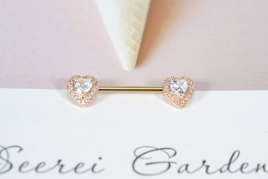 14G Dainty CZ Love Heart Nipple Rings Tongue Ring Surgical Steel Nipple rings Piercing Women Barbells 2Pcs 25/8"(16mm) - QIAO CrystalQIAO CrystalQIAO Crystal