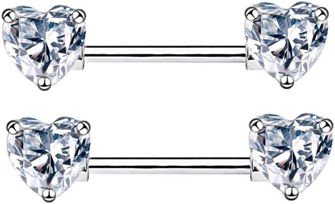 14G Dainty CZ Love Heart Nipple Rings Tongue Ring Surgical Steel Nipple rings Piercing Women Barbells 2Pcs 25/8"(16mm) - QIAO CrystalQIAO CrystalQIAO Crystal