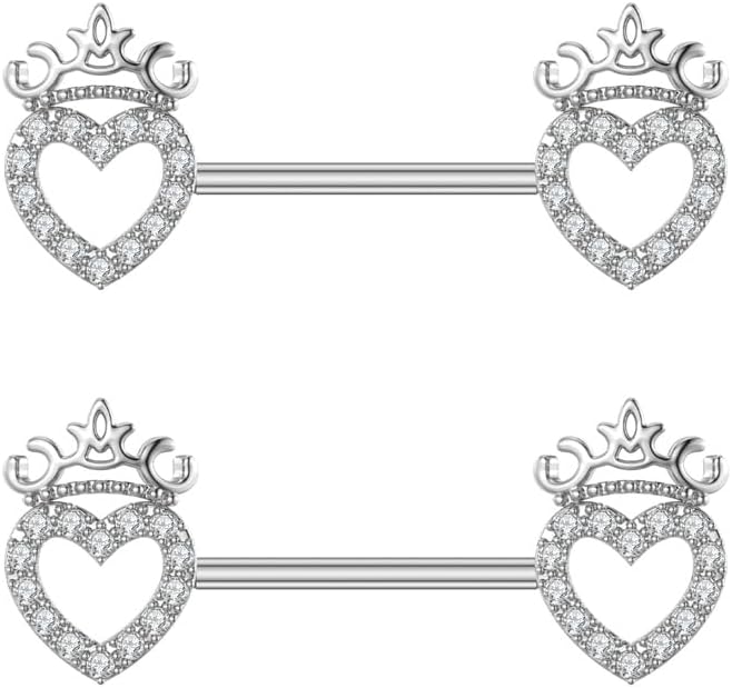 14G Dainty CZ Love Heart Nipple Rings Tongue Ring Surgical Steel Nipple rings Piercing Women Barbells 2Pcs 25/8"(16mm) - QIAO CrystalQIAO CrystalQIAO Crystal