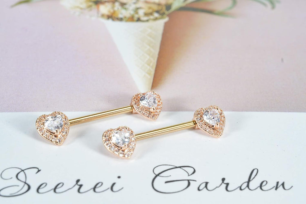 14G Dainty CZ Love Heart Nipple Rings Tongue Ring Surgical Steel Nipple rings Piercing Women Barbells 2Pcs 25/8"(16mm) - QIAO CrystalQIAO CrystalQIAO Crystal