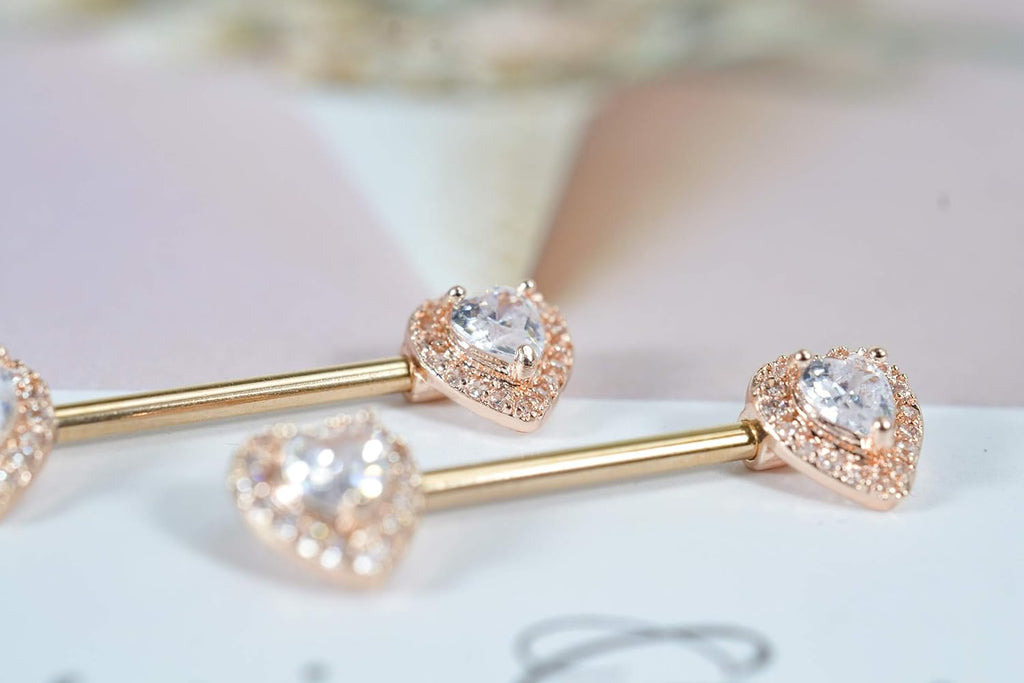 14G Dainty CZ Love Heart Nipple Rings Tongue Ring Surgical Steel Nipple rings Piercing Women Barbells 2Pcs 25/8"(16mm) - QIAO CrystalQIAO CrystalQIAO Crystal