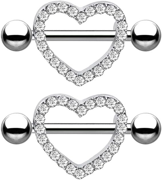 14G Dainty CZ Love Heart Nipple Rings Tongue Ring Surgical Steel Nipple rings Piercing Women Barbells 2Pcs 25/8"(16mm) - QIAO CrystalQIAO CrystalQIAO Crystal