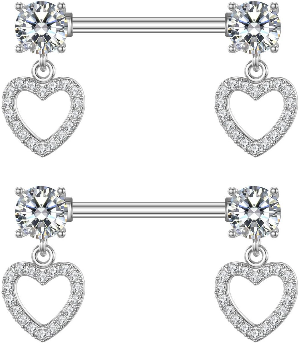 14G Dainty CZ Love Heart Nipple Rings Tongue Ring Surgical Steel Nipple rings Piercing Women Barbells 2Pcs 25/8"(16mm) - QIAO CrystalQIAO CrystalQIAO Crystal
