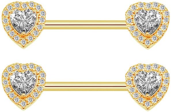 14G Dainty CZ Love Heart Nipple Rings Tongue Ring Surgical Steel Nipple rings Piercing Women Barbells 2Pcs 25/8"(16mm) - QIAO CrystalQIAO CrystalQIAO Crystal