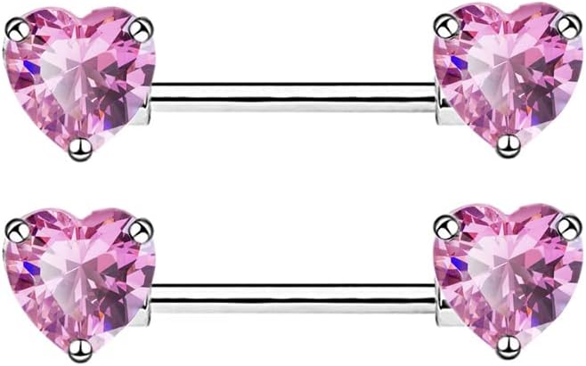 14G Dainty CZ Love Heart Nipple Rings Tongue Ring Surgical Steel Nipple rings Piercing Women Barbells 2Pcs 25/8"(16mm) - QIAO CrystalQIAO CrystalQIAO Crystal