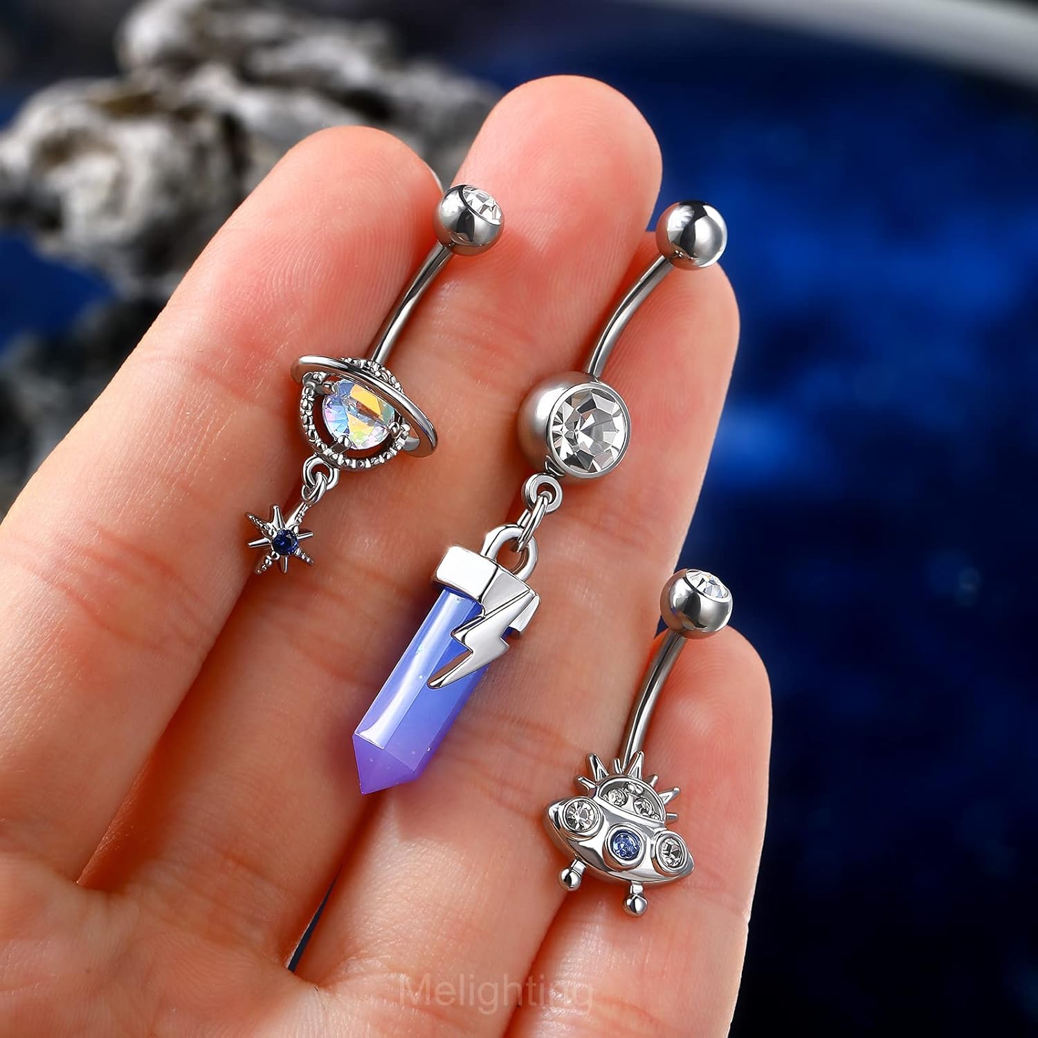 14G Dangle Belly Button Rings, Stainless Steel Planet and Spaceship Piercing, Moon Jewelry for Women - 我的商店我的商店我的商店