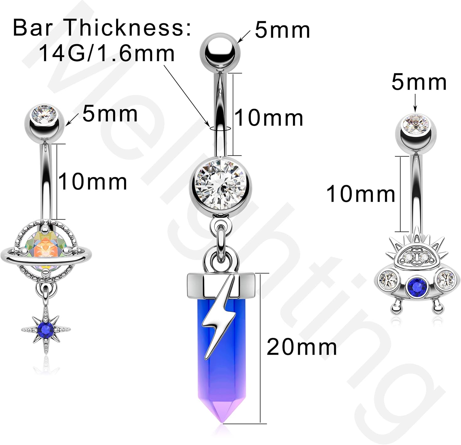 14G Dangle Belly Button Rings, Stainless Steel Planet and Spaceship Piercing, Moon Jewelry for Women - 我的商店我的商店我的商店