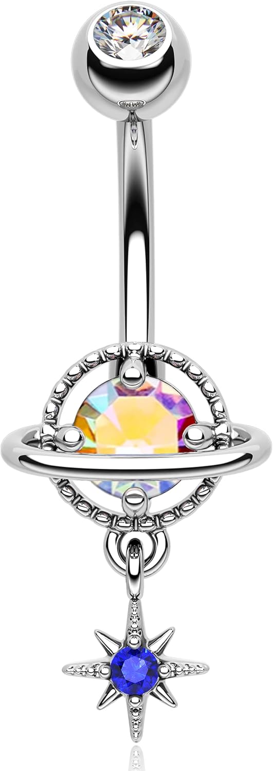 14G Dangle Belly Button Rings, Stainless Steel Planet and Spaceship Piercing, Moon Jewelry for Women - 我的商店我的商店我的商店