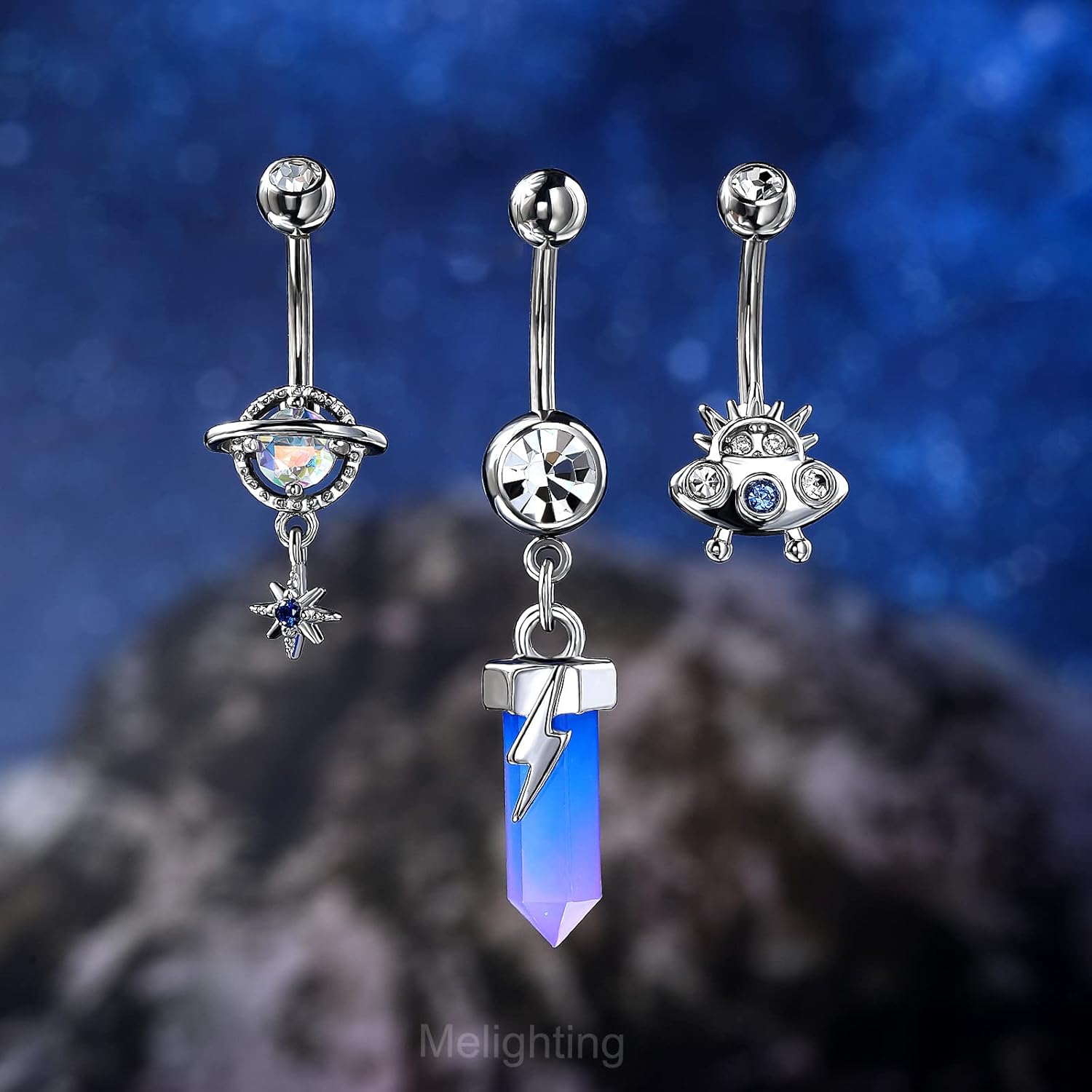 14G Dangle Belly Button Rings, Stainless Steel Planet and Spaceship Piercing, Moon Jewelry for Women - 我的商店我的商店我的商店