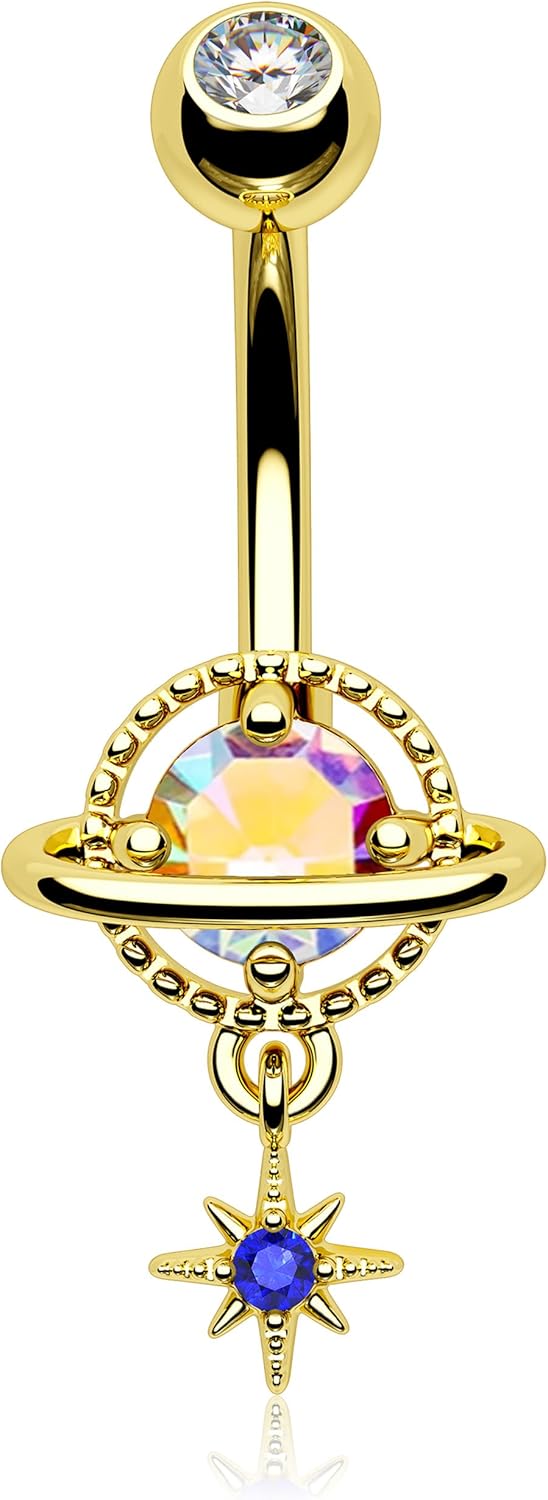 14G Dangle Belly Button Rings, Stainless Steel Planet and Spaceship Piercing, Moon Jewelry for Women - 我的商店我的商店我的商店