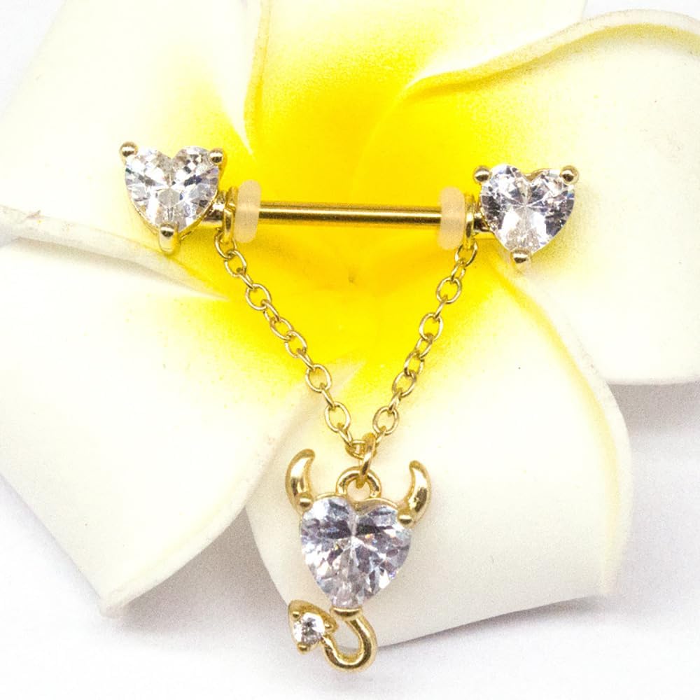 14G Devil Heart Dangle Nipple Rings for Women Girls Stainless Steel Sparkling CZ Love Heart Ball Chain Dangling Nipplerings Nipple Studs Piercing Barbell Body Jewelry - QIAO CrystalQIAO CrystalQIAO Crystal