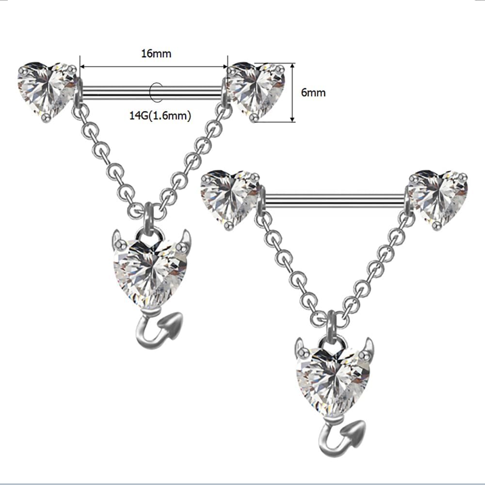 14G Devil Heart Dangle Nipple Rings for Women Girls Stainless Steel Sparkling CZ Love Heart Ball Chain Dangling Nipplerings Nipple Studs Piercing Barbell Body Jewelry - QIAO CrystalQIAO CrystalQIAO Crystal