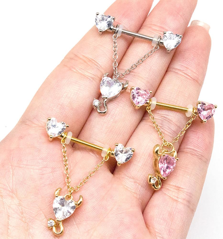 14G Devil Heart Dangle Nipple Rings for Women Girls Stainless Steel Sparkling CZ Love Heart Ball Chain Dangling Nipplerings Nipple Studs Piercing Barbell Body Jewelry - QIAO CrystalQIAO CrystalQIAO Crystal