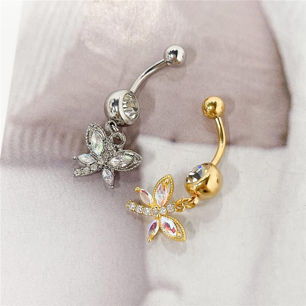 14G Dragonfly Dangle Belly Button Rings Stainless Steel CZ Paved Dragonfly - QIAO CrystalQIAO CrystalQIAO Crystal