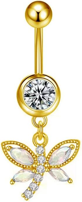 14G Dragonfly Dangle Belly Button Rings Stainless Steel CZ Paved Dragonfly - QIAO CrystalQIAO CrystalQIAO Crystal
