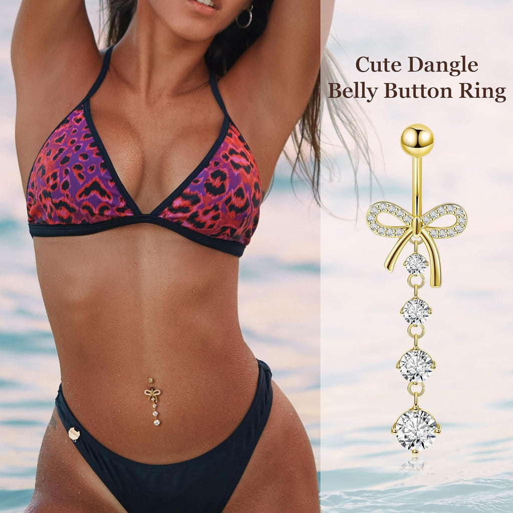 14G F136 Titanium Dangle Belly Button Ring for Women Dangling Navel Ring Hypoallergenic Belly Ring Externally Threaded Barbell CZ Bow Navel Piercing Jewelry - 我的商店我的商店我的商店
