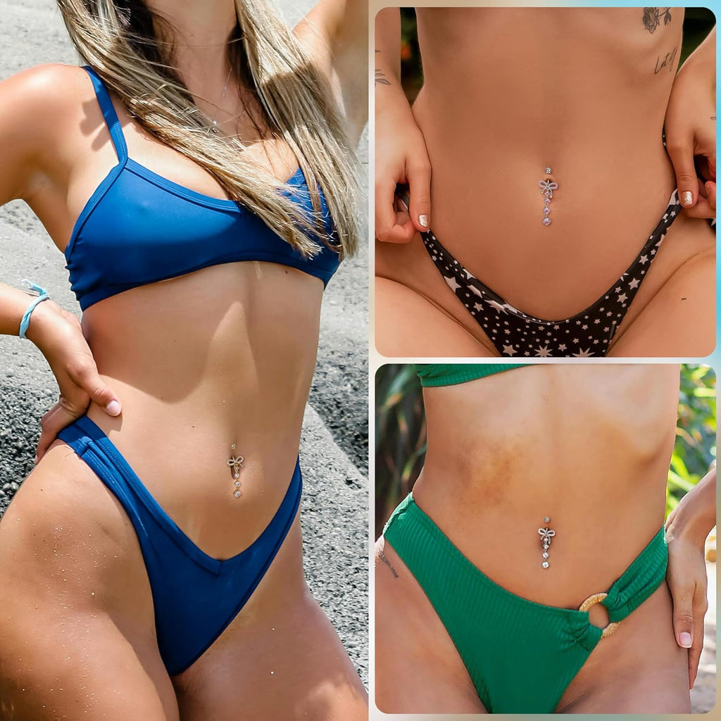 14G F136 Titanium Dangle Belly Button Ring for Women Dangling Navel Ring Hypoallergenic Belly Ring Externally Threaded Barbell CZ Bow Navel Piercing Jewelry - 我的商店我的商店我的商店