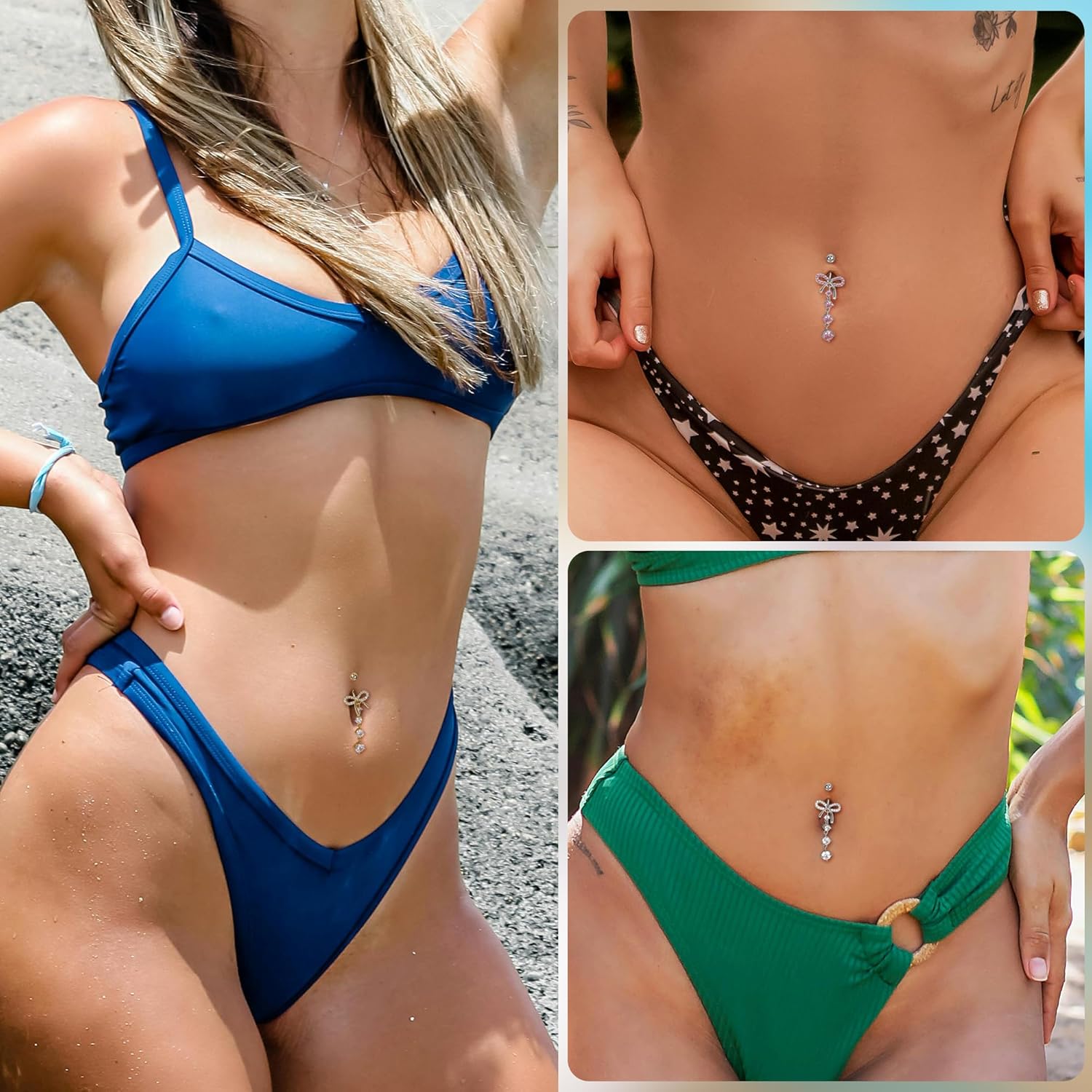 14G F136 Titanium Dangle Belly Button Ring for Women Dangling Navel Ring Hypoallergenic Belly Ring Externally Threaded Barbell CZ Bow Navel Piercing Jewelry - 我的商店我的商店我的商店